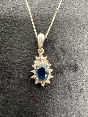 Vintage 14K 585 White Gold Natural Sapphire Diamond Pendant Necklace Chain 16"